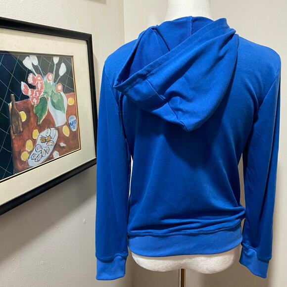Bright Blue Zip Front Hoodie Size Small Pockets Lightweight Fine Knit Fabric - Picture 4 of 4